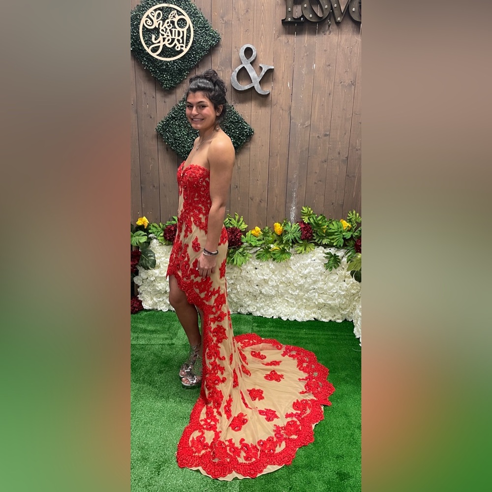 Sherri Hill Red and Tan Strapless Dress